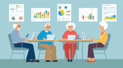 Four elderly individuals work together at a table, analyzing graphs and charts displayed on the walls in a collaborative office environment. Generative AI