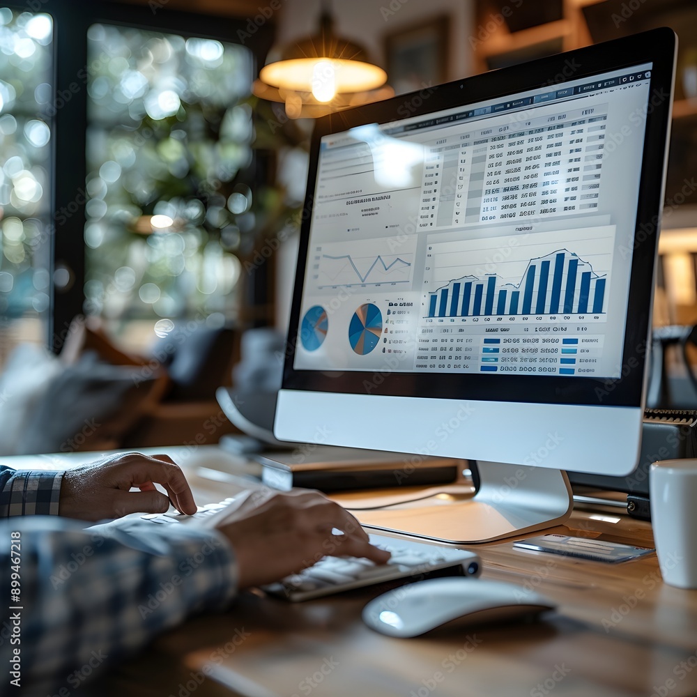 Poster businessperson analyzing charts and graphs on computer in modern office