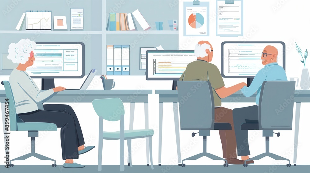 Leinwandbilder two elderly people interact while seated at desks with computers in a well-lit office, while another