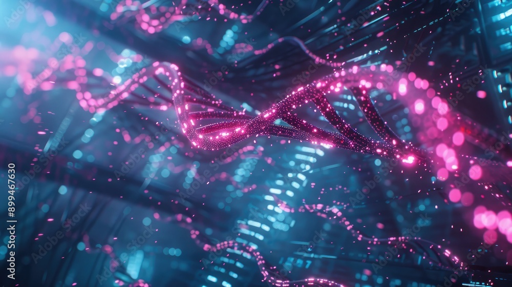 Poster digital dna strands floating in a high-tech virtual lab environment