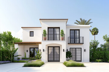 Fototapeta premium A Mediterranean house with stucco walls and wrought iron balconies, surrounded by lush greenery and vibrant potted plants.