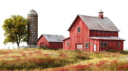 Obraz premium Traditional farmhouse with a red barn and silo, surrounded by lush fields and wildflowers, capturing the essence of rural living.
