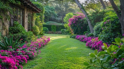 Obraz premium Backyard adorned with pink flowers