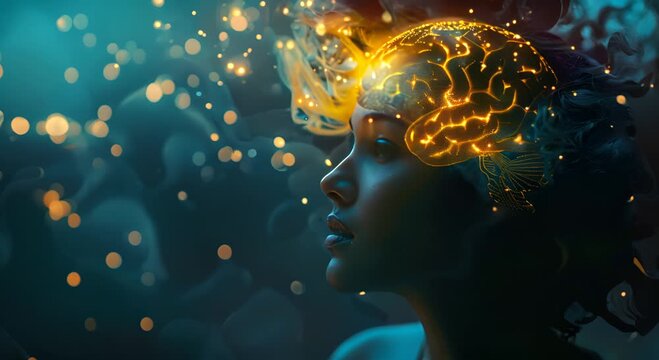 A woman's face is shown with a glowing brain