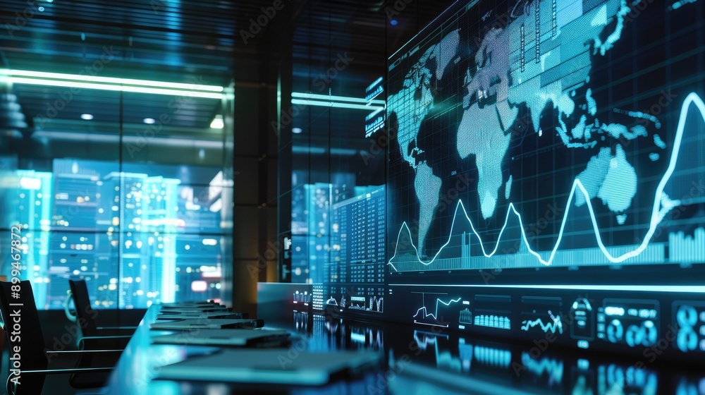 Poster digital financial charts and graphs projected on a screen during a meeting