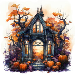 Watercolor Creepy Halloween Window Illustration, Generative Ai