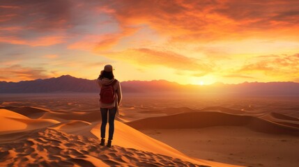 photograph of a radiant young woman with sun-kissed skin and flowing hair, her eyes sparkling with joy as she gazes out at the vast expanse of golden sand 