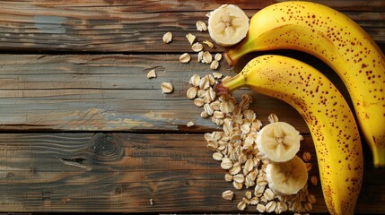 Banana and oatmeal flakes on wood background space for text