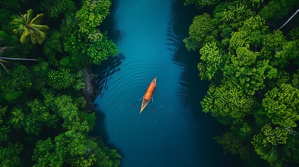 Lone Boat Navigating through a narrow river surrounded by lush green rainforest. The aerial view showcases the breathtaking beauty of nature.