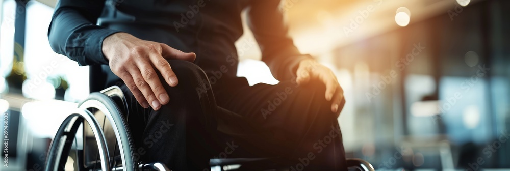 Poster person in a wheelchair in a modern office environment with sunlight streaming in. inclusive workplac