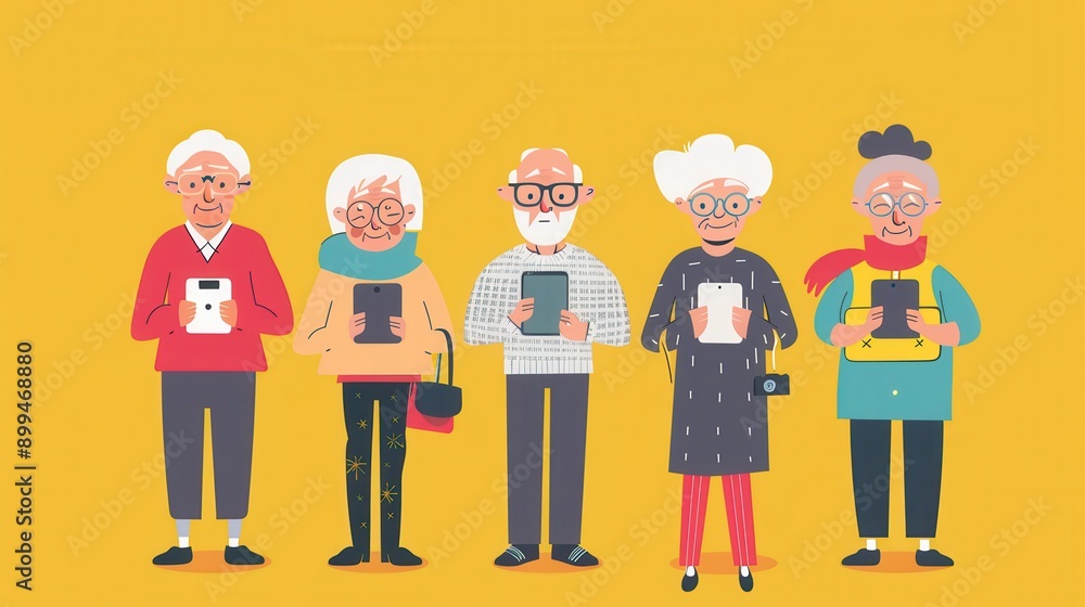 Poster five elderly individuals are using mobile devices, showcasing their engagement with technology in a 