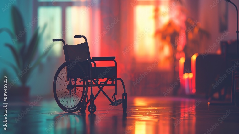 Poster empty wheelchair in a dimly lit room with a warm glow. accessibility and comfort for disabled indivi