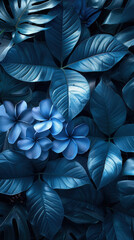 Fototapeta premium Blue Leaves and Flowers in a Dark, Moody Botanical Composition. Phone theme, phone wallpaper, backgrounds