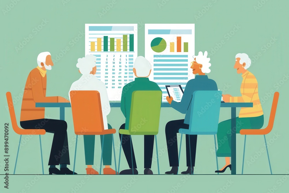 Poster a group of elderly people meeting around a table, discussing data presented on charts during a colla