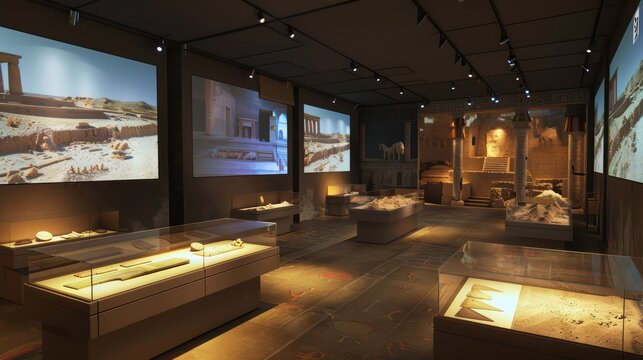 high-tech virtual reality chamber for exploring ancient civilizations, with screens showing archaeological digs and historical reconstructions