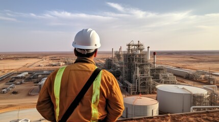 Fototapeta premium photograph of an architect standing in awe of a massive oil rig in the middle of a desert, with the sun setting in the background
