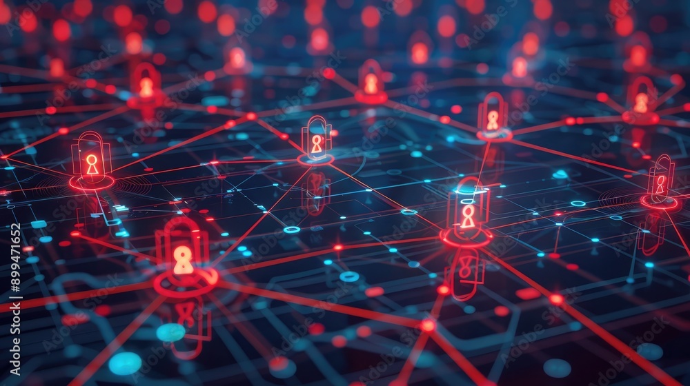 Poster digital network with secure lock symbols and glowing connections