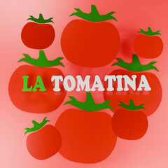 La Tomatina Festival, Background for Poster or Banner with Tomatoes. Annual Summer Traditional Spanish Holidays, Celebration of Harvest. Cartoon 3d render Illustration.