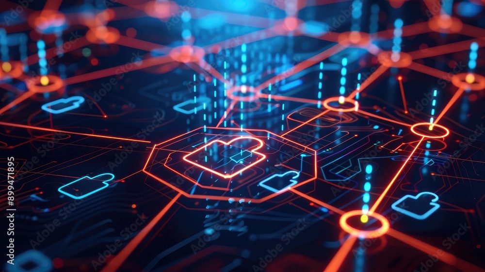 Poster digital network with secure lock symbols and glowing connections