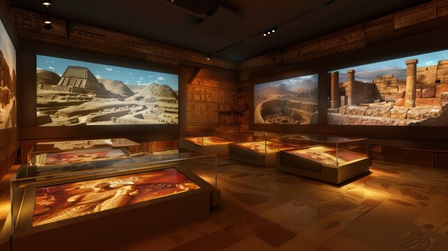 high-tech virtual reality chamber for exploring ancient civilizations, with screens showing archaeological digs and historical reconstructions