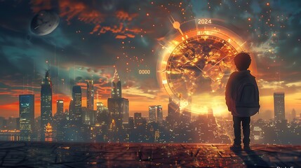 Young boy stands in silhouette against futuristic cityscape gazing at giant glowing clock shaped like world for future possibilities and wonder inspiration concept.