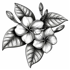 Monochrome illustration of tropical flowers and leaves, showcasing intricate details and artistic shading in a botanical design.