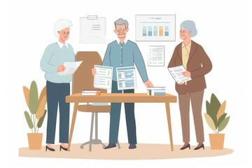 Three elderly individuals engage in discussion while reviewing important documents around a table in a well-lit office environment. Generative AI