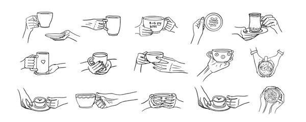 Big set of cups and mugs in hand in doodle style. I love tea, tea time, coffee time, cup of coffee, mug of tea, travel mug. Mug in hand. Hand drawn. Vector illustration EPS10