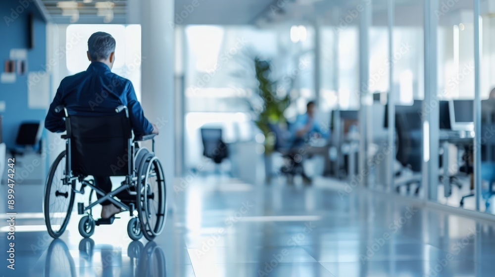 Poster disabled man in a wheelchair moving through a modern office corridor. accessibility and inclusive wo