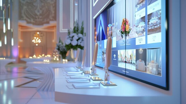 high-tech wedding planner office with virtual venue tours and interactive wedding planning tools on a smart panel