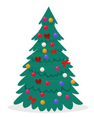 Christmas tree with balls, bows, garlands. Colorful flat noel holiday vector illustration