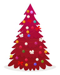 Obraz premium Christmas pink tree with balls, bows, garlands. Colorful flat noel holiday vector illustration