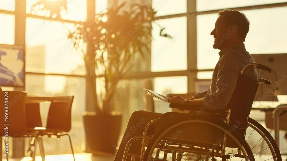 Aufkleber smiling man in wheelchair in bright office with plants. workplace inclusion and accessibility.