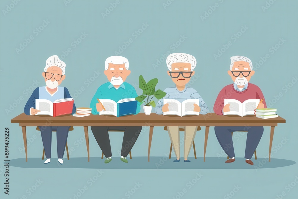Fototapete Four elderly learners are studying foreign languages with textbooks and dictionaries on a wooden table, actively focused on their lessons in a calm environment. Generative AI