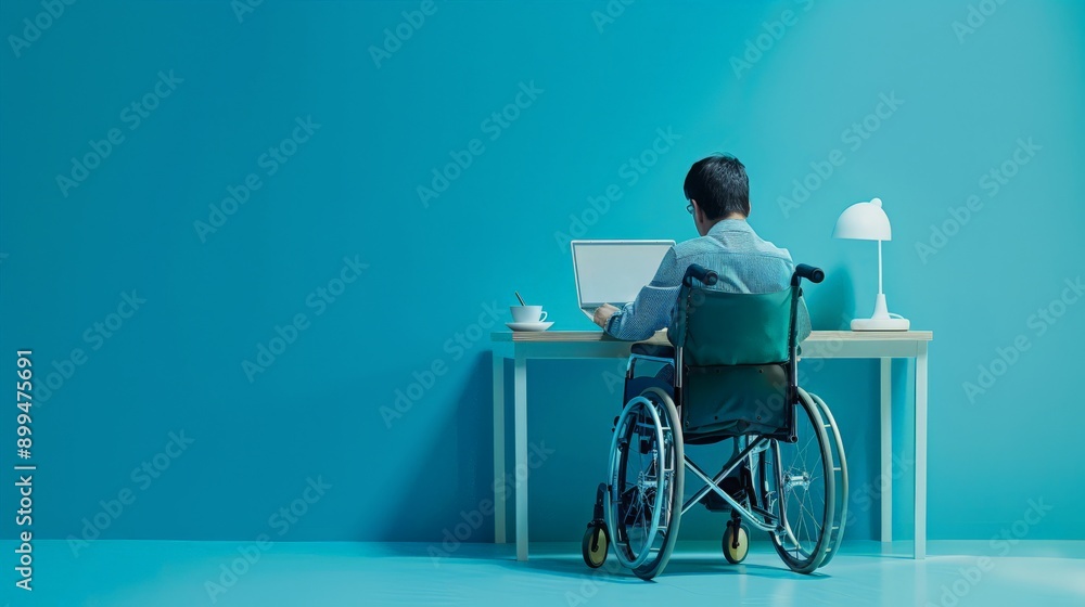 Poster man in a wheelchair working at a desk with a laptop against a blue wall. represents accessibility an