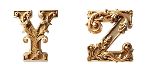 Ornate Vintage Letters Y and Z : Intricately designed golden letters Y and Z in a vintage style