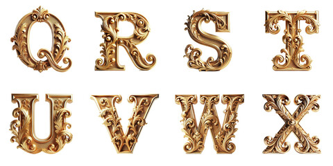 Ornate Vintage Letters Q to X : Intricately designed golden letters Q, R, S, T, U, V, W, and X in a vintage style