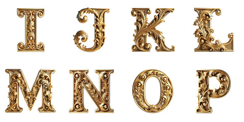 Ornate Vintage Letters I to P : Intricately designed golden letters I, J, K, L, M, N, O, and P in a vintage style