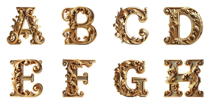 Ornate Vintage Letters A to H : Intricately designed golden letters A, B, C, D, E, F, G, and H in a vintage style