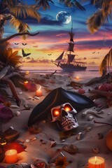 skull wearing a pirate hat, jack o lanterns, hibiscus flowers, Bats fly overhead and lit candles on a beach at sunset. A pirate ship in the distance. for exotic Halloween