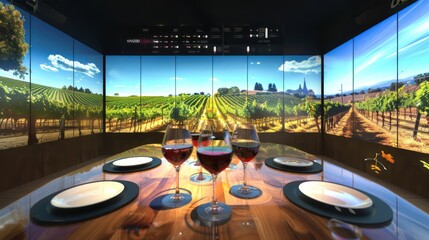 high-tech wine tasting room with digital sommelier advice and virtual vineyard tours on interactive displays