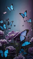 Purple and blue flower with 3D blue butterflies, floral background wallpaper