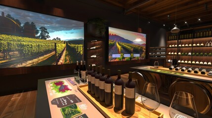 high-tech wine tasting room with digital sommelier advice and virtual vineyard tours on interactive displays