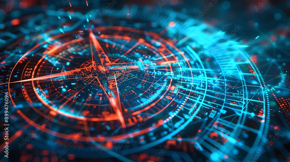 Poster close up of a digital compass with glowing lines for the concept of progress and navigation in the d