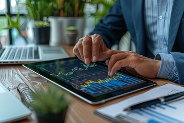 Business professional analyzing data on a tablet with charts, graphs, and documents, working in a modern office with a laptop and plants.