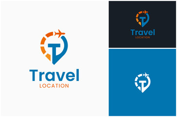 Letter T Travel Plane Trip Airplane Flight Map Pin Point Location Vector Logo Design Illustration