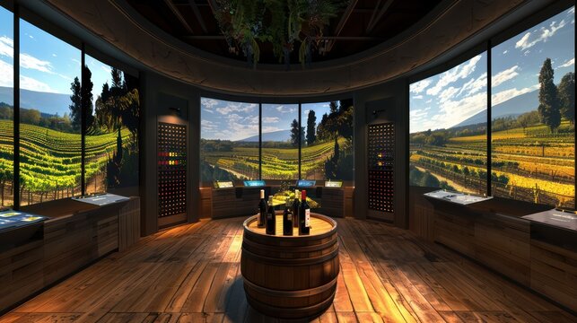 high-tech wine tasting room with digital sommelier advice and virtual vineyard tours on interactive displays