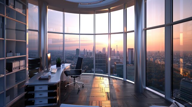 home office in a revolving tower, providing 360-degree views of the surrounding cityscape or landscape as it slowly rotates
