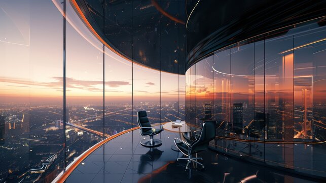 home office in a revolving tower, providing 360-degree views of the surrounding cityscape or landscape as it slowly rotates
