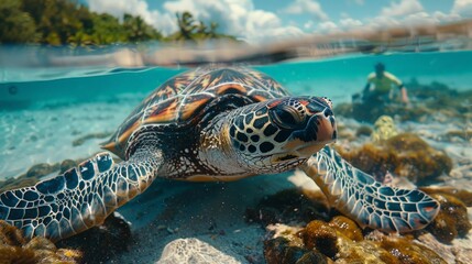 A biologist tagging sea turtles for migration studies, ocean conservation